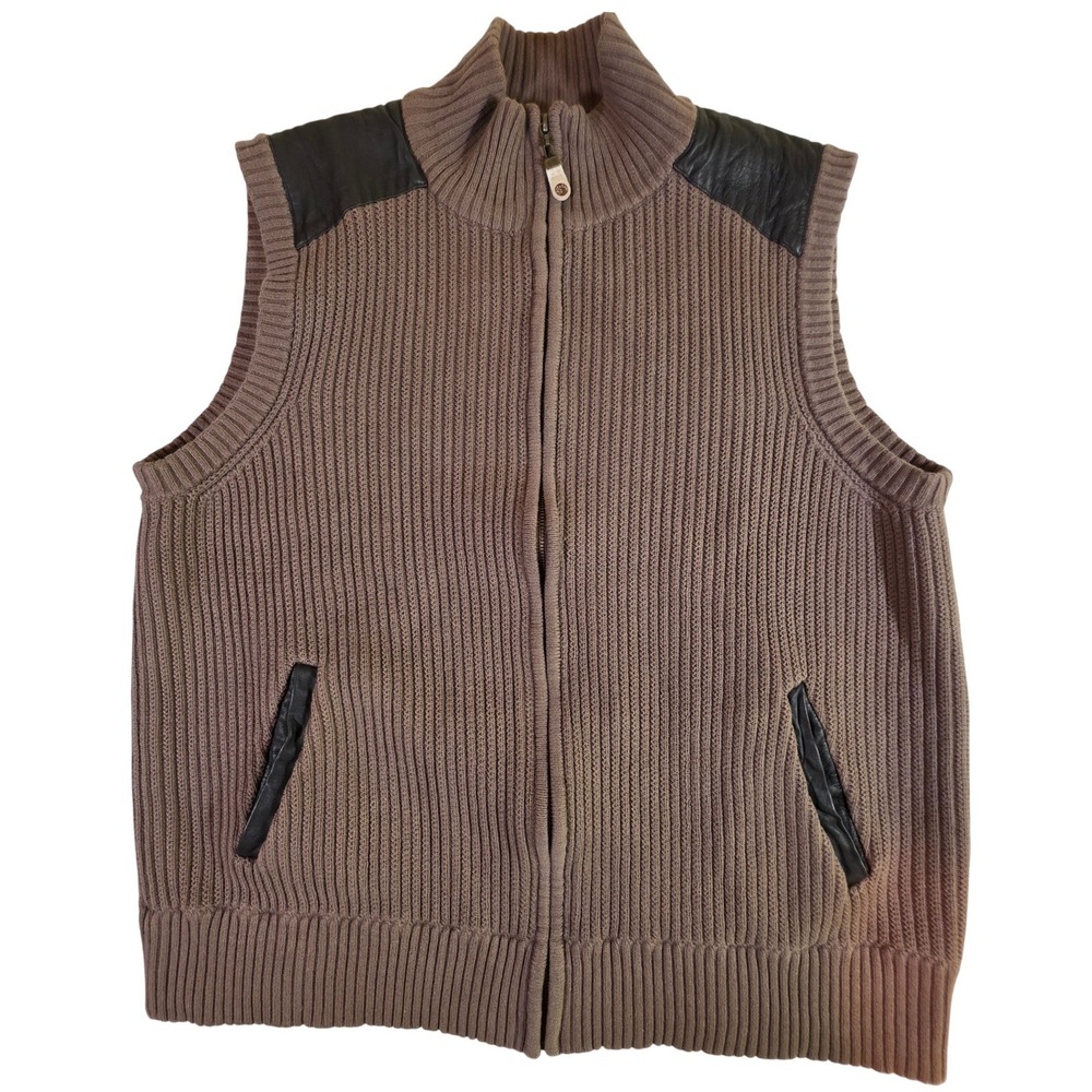 NATIONAL GEOGRAPHIC Men's XL‎ Brown Cotton Leather Chunky Ribbed Full Zip Vest